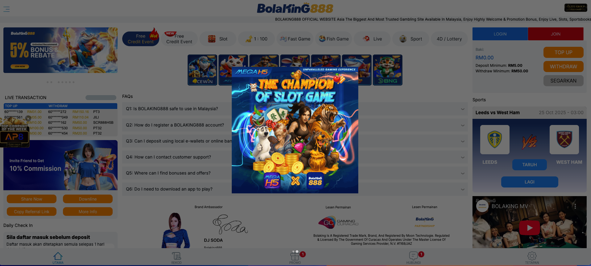A screenshot of the Bolaking888 online gambling website's homepage, featuring a prominent promotional banner in the center for THE CHAMPION OF SLOT GAME with cartoon characters and gold coins. The site offers various sections like Slots, Fast Game, Fish Game, Live, Sport, and 4D/Lottery.