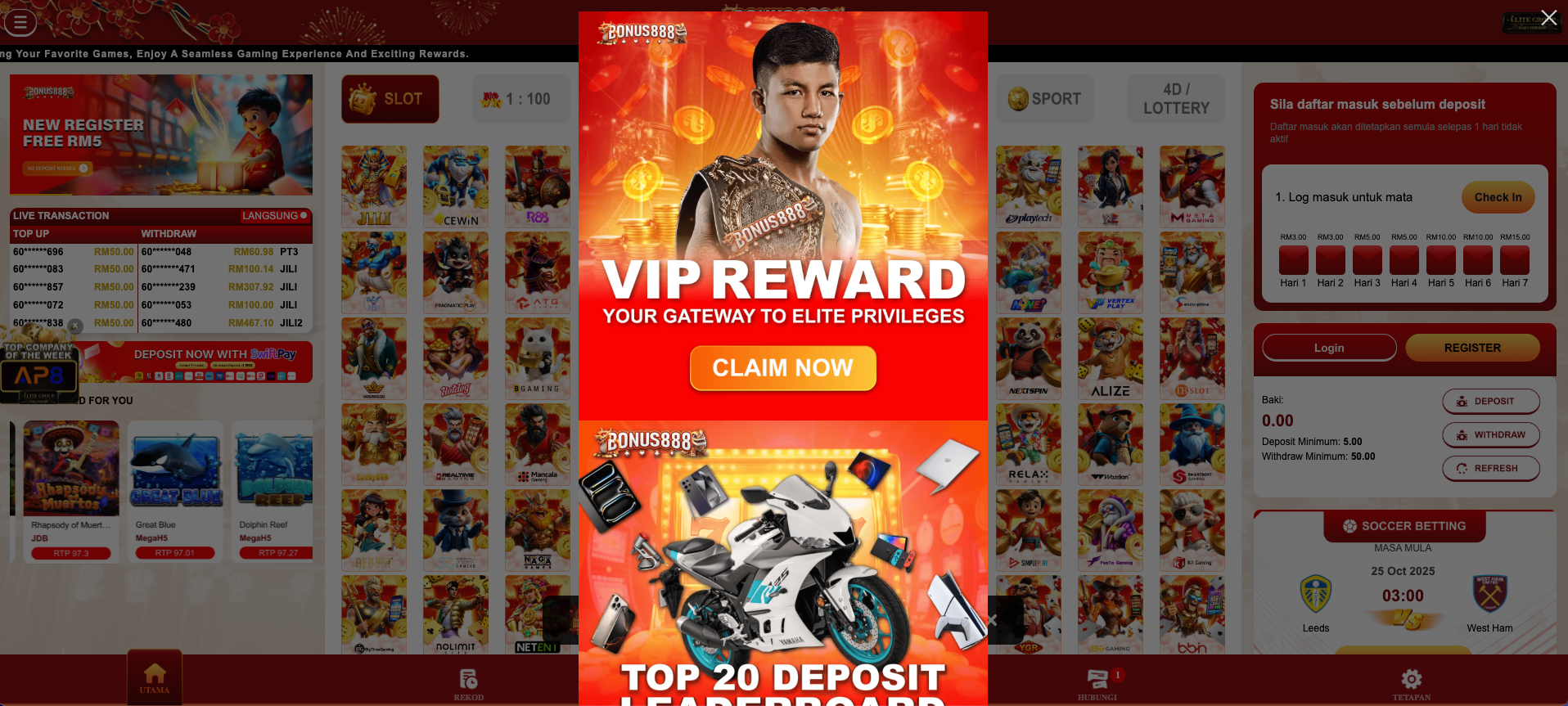 A screenshot of the Bonus888 online gambling website's homepage, dominated by a large, central VIP REWARD pop-up banner.
