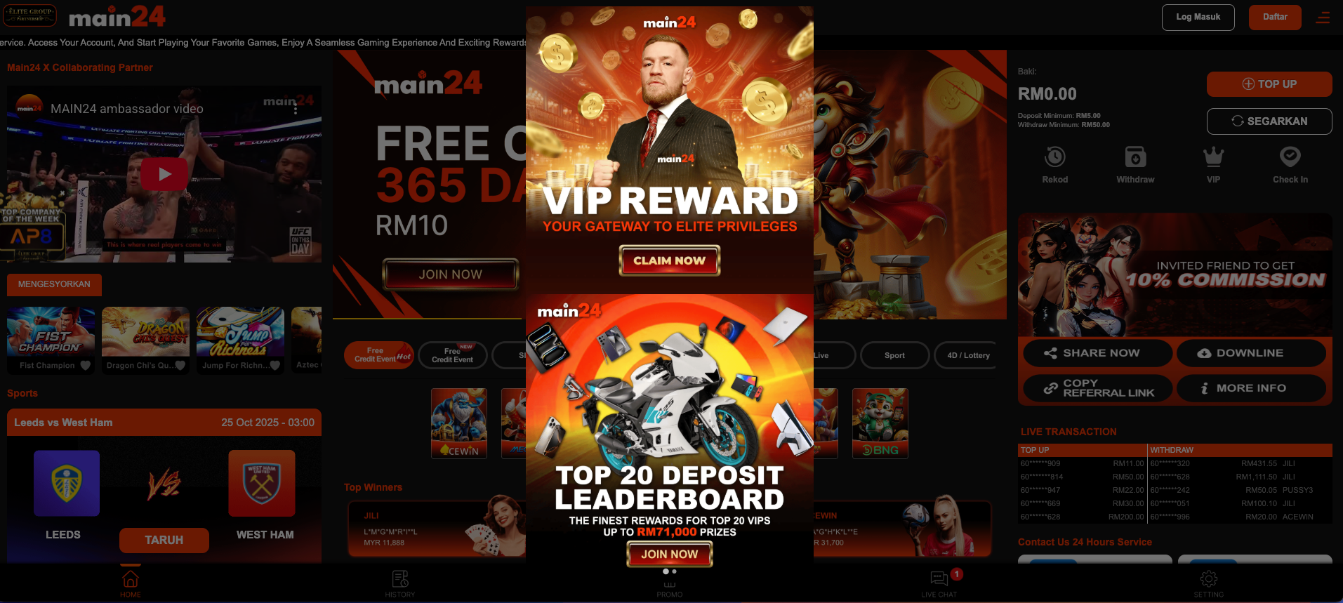
A dark-themed screenshot of the main24 online casino homepage, featuring a large central banner with an image of Conor McGregor promoting a VIP REWARD and a lower section advertising a Top 20 Deposit Leaderboard with a white sports motorbike.