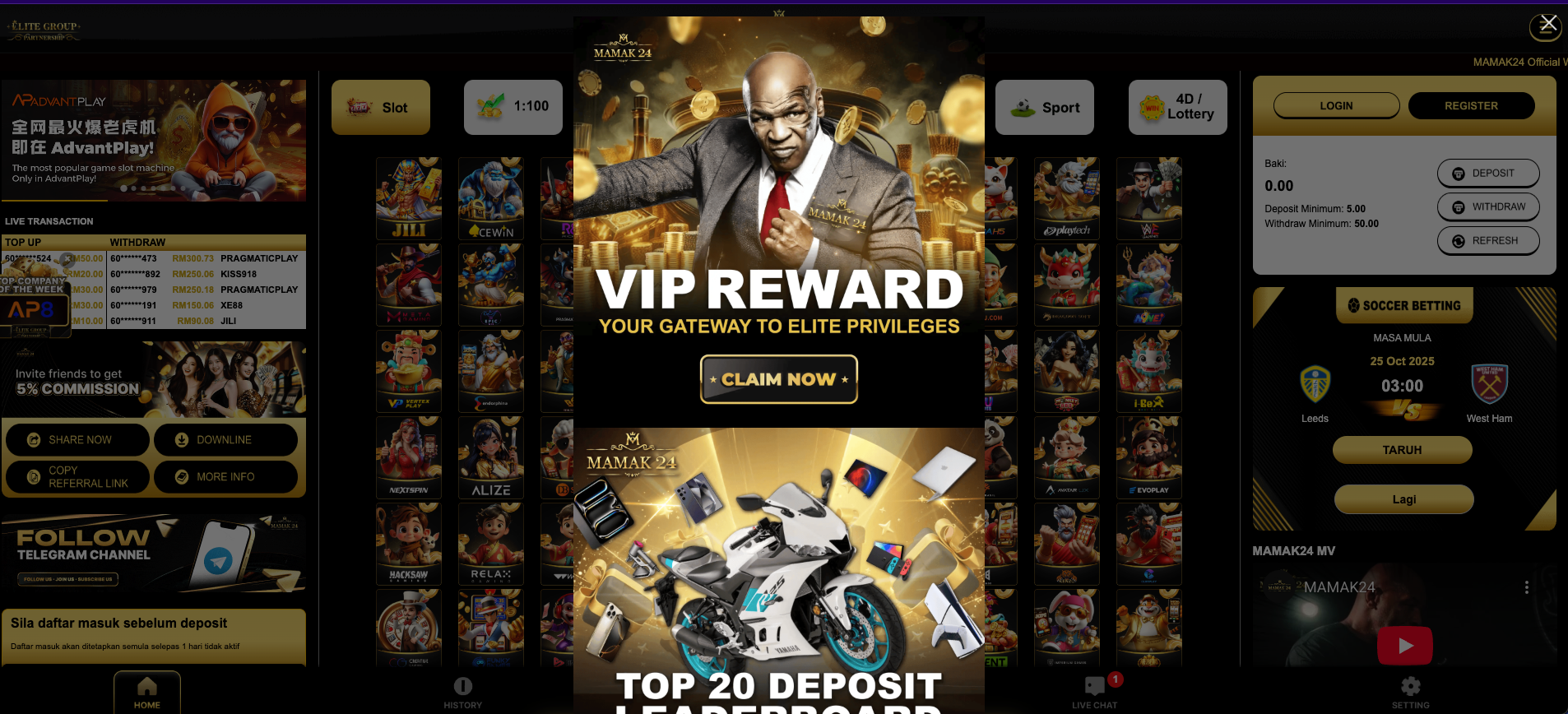A promotional screenshot for an online gambling and casino site called MAMAK 24. The page is dark-themed and busy with various elements. A large central banner features Mike Tyson in a suit, stylized like a VIP, surrounded by gold coins.